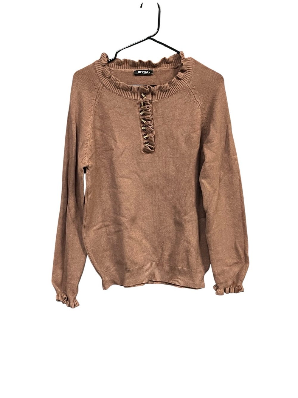 BTFBM Brown Ruffle Knit Sweater M Button Front Cottagecore Boho Feminine Fall